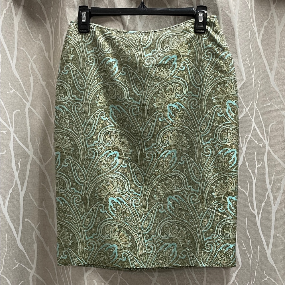 Ellen Tracy Lined Skirt NWT Teal & Green Fabric with Gold Sparkle Thread